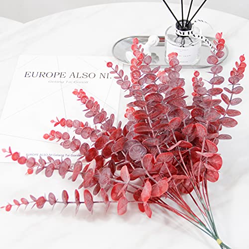 Image of Tinsow Real Touch Leaf Artificial Eucalyptus Stem Faux Eucalyptuses Wedding Bouquet Centerpiece Home Decor (26, Red)