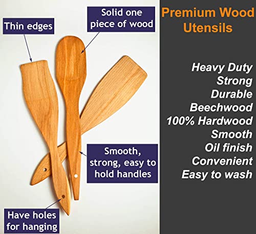 Ecosall 6 Wooden Spoons For Cooking – Made In Ukraine 100% Natural Healthy Nonstick Wooden Spatula Spoons - Premium Solid Wood Cooking Utensils Set - Strong, Durable Eco Hardwood Beechwood Spoons Set #TOP4