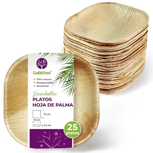 GoBeTree Platos Desechables de Hoja de Palma 25 Platos Cuadrados de 10 cm. Vajilla para barbacoas, picnic y Fiesta de cumpleaños, Similar al bambú, más fuerte que platos de papel