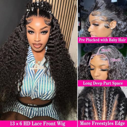 Image of 36Inch Deep Wave Lace Front Wigs Human Hair 200% Density 13x6 HD Transparent Deep Curly Lace Front Wigs for Women Pre Plcked Glueless Wigs with Baby Hair
