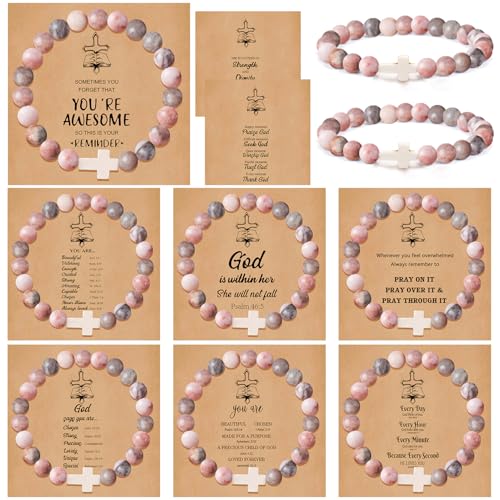 COLOYAN 9Pcs Cross Natural Stone Bracelets for Women, 8mm Stone Beaded Cross Bracelet for Mother Grandma Wife, with 9 Meaningful Card Inspirational
