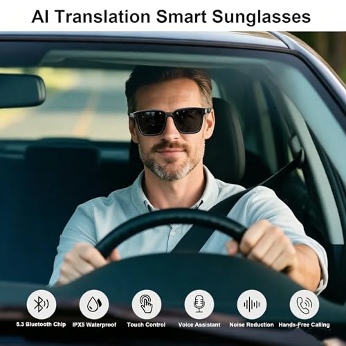 Image of AI Smart Glasses for Men Women, Bluetooth Translation Glasses with 169 Language, Auto On /Off by Wearing Sensor, Wide Face, UV400 polarized lens, Audio Smart Sunglasses for Travel Meeting Sports-Grey