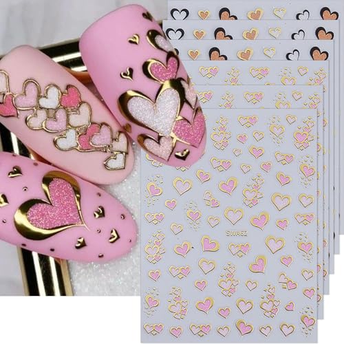 Heart Nail Art Stickers Valentines Day Nail Decals 6PCS Self-Adhesive Glitter Love Nail Supplies Pink Brown Gold Heart Design DIY Manicure Accessories Valentine Sticker for Women Nail Decoration