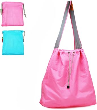 2 Pack Ripstop Nylon Draw-String Reusable Shopping Bag, Reusable Grocery Bag, Built-in Pouch, Inner Pocket