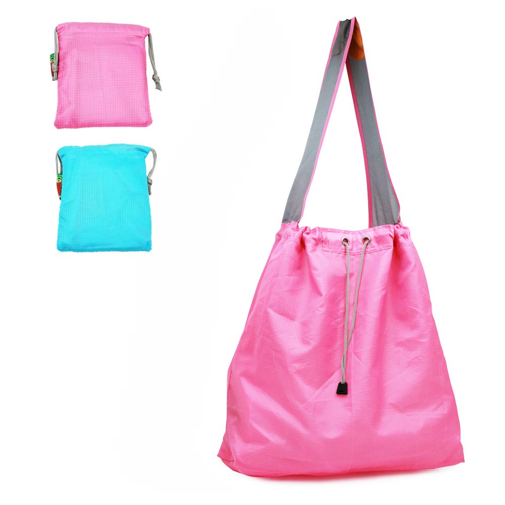 Ecojeannie 2 Pack Ripstop Nylon Draw-String Reusable Shopping Bag, Reusable Grocery Bag, Built-in Pouch, Inner Pocket