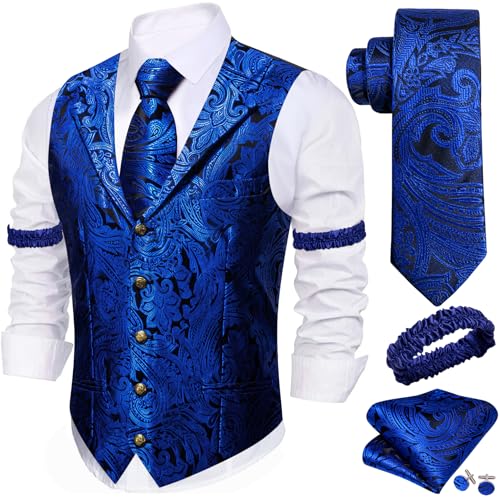 Image of Barry.Wang Mens Silk Lapel /Shawl Collar Vest Tie Sleeve Holder Set Formal /Casual Paisley Vests Wedding Tuxedo Waistcoat