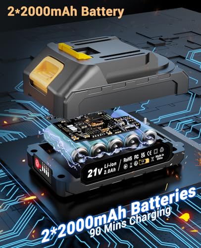 Image of Cordless Drill 21V, Brushless Screwdriver with 2 Batteries 2.0Ah, 45N.m Percussion, 20+1 Torque Settings, 14 Accessories, 2 Speeds, for DIY, Grey