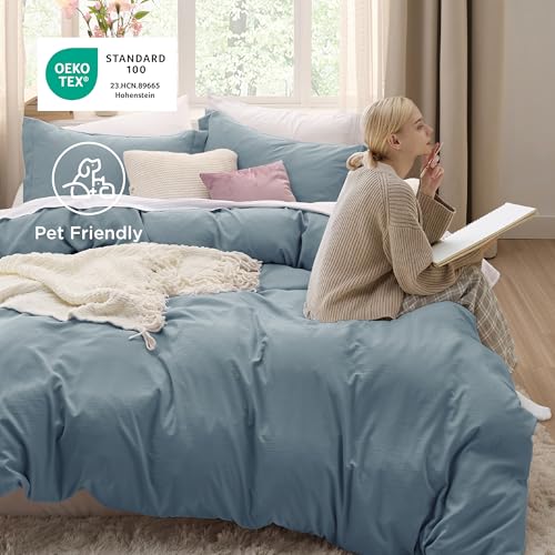 Image of Bedsure Mineral Blue Duvet Cover Twin /Twin XL Size - 2 Pieces Prewashed Cotton-Like Polyester Extra Soft Bedding Set, Includes 1 Duvet Cover 68''x90''with Zipper Closure & 1 Pillow Sham, No Comforter