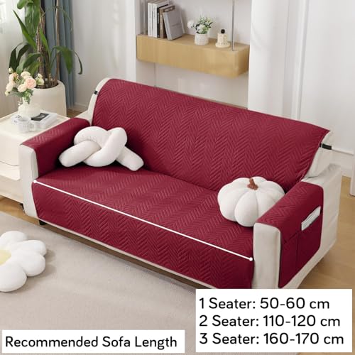Image of HOKIPO Polyester 3 Seater Quilted Sofa Cover with Pockets, Maroon (NEW-IN-803-MRN)