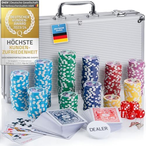 Alu Pokerkoffer 300 Poker-Chips - 12g Metallkern, Profi Pokerset, gold | 3D Laser-Sticker & schwere Jetons mit Wert - Echtes Casino-Flair - Alukoffer Komplett-Set inkl. Karten und