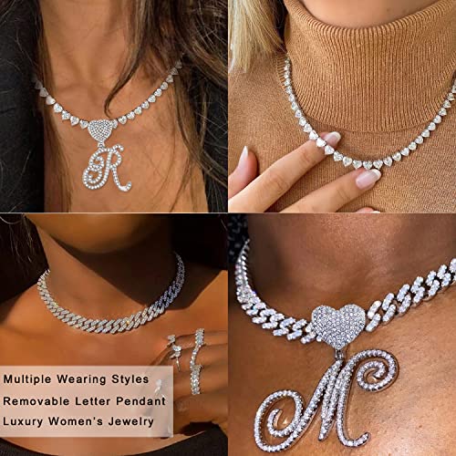 Kohota Cursive Silver Initial Pendant Necklace For Women Miami Cuban Link Chain Layered Heart Shape Bling Diamond Iced Out Chain Pendant Necklace Hip Hop Jewelry Gift 2Pcs Chains #TOP2