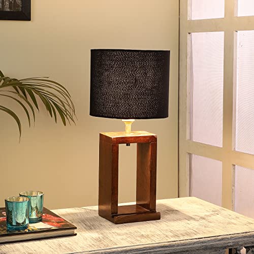 Image of tu casa Handcrafted Mango Wood Table Lamp with Pleated Black Cotton Fabric Shade | Elegant Bedside Night Lamp for Bedroom & Living Room