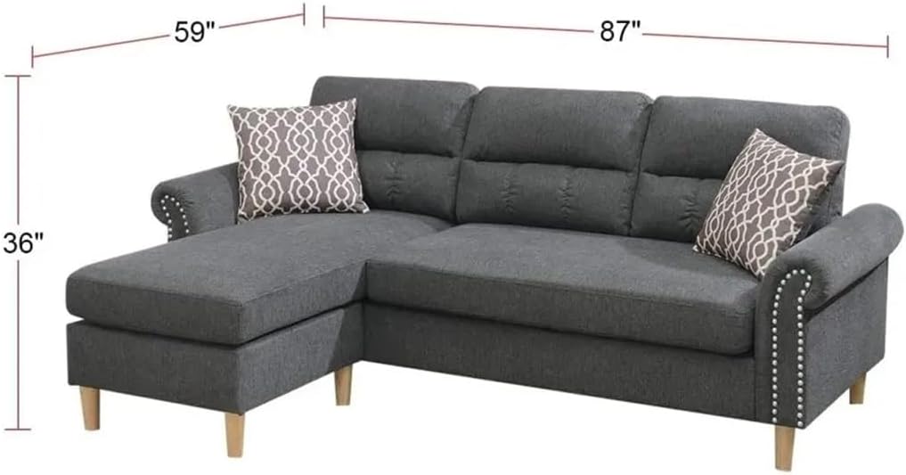 Slate Color Polyfiber Reversible Sectional Sofa Set Chaise Pillows Plush Cushion Couch Nailheads