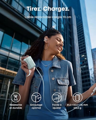 Anker Nano Batterie Externe 10000 mAh avec câble rétractable InstaCord 70 cm, Banque d’Alimentation compacte 45 W Max Power Bank, Affichage Intelligent, pour iPhone 16 Pro Max, iPad, Galaxy, Pixel