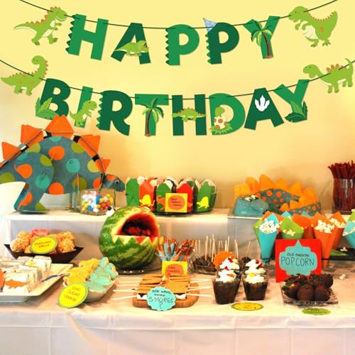 Image of Hooqict Dinosaur Happy Birthday Banner Birthday Party Decorations Dinosaur Party Banner Garland Sign for Kids Boys 1st 2nd 3rd Green Dino Themed Birthday Decorations Supplies