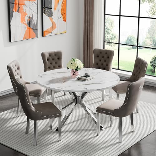 Round Marble Dining Table Set for 6, Modern 47" Circle Kitchen Table Set with Grey Tufted Chairs, 7-Piece Silver Round Dinner Table and Chairs Set with Stainless Steel Legs for Kitchen, Dining Room