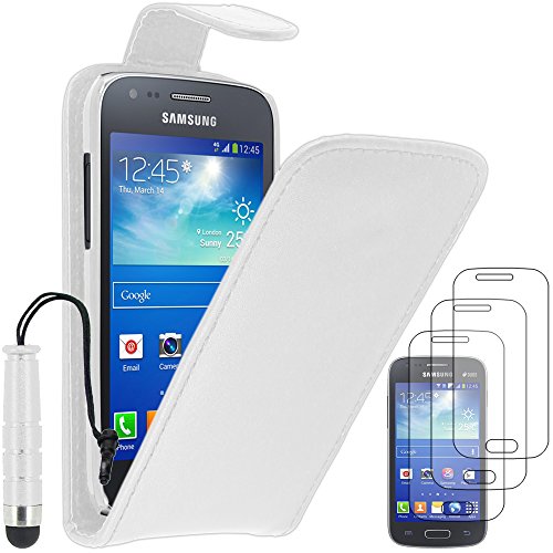 ebestStar - Coque Compatible avec Samsung Ace 3 Galaxy GT-S7270, S7272, S7275 Etui Housse PU Cuir Rabat Flip + Mini Stylet + 3 Films d'écran, Blanc [Appareil:...