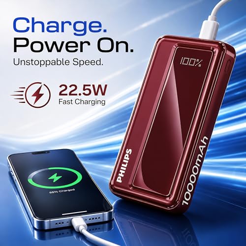 Image of Philips 10000mAh 22.5W Fast Charging Power Bank (Iron Red) with Digital LED Display | Type-C & USB-A Input /Output | 3 Output Ports | Lithium Polymer Battery | Portable for Mobile, Tablet & Earbuds