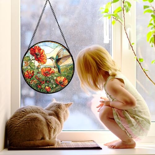 Image of DASTOLL Stained Glass Window Hanging, Hummingbirds Orange Flowers Suncatcher Diamond Glass Panel Hangings Sun Catchers Decor for Birthday for Women, Men, Wife, Aunt, and Mom 6.3 in