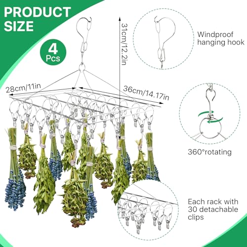 Elesunory 4-Piece Hanging Herb Drying Rack - Stainless Steel with 30 Hooks, Space-Saving for Fresh and Aromatic Herbs - Thumbnail 3
