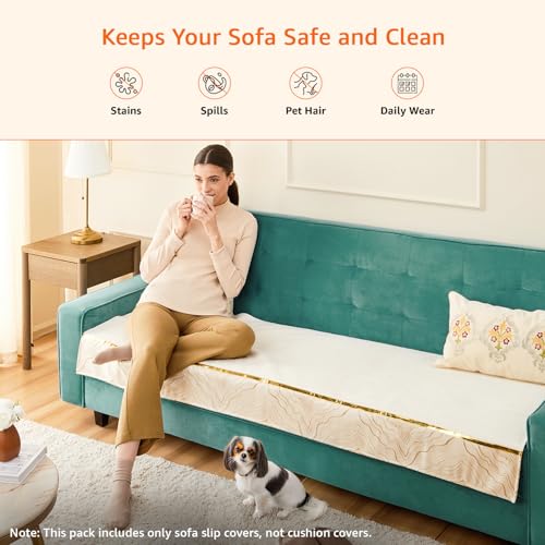 Image of Amazon Basics Knitted Fabric Sofa Cover for Three Seater, Classic Plaid, Non-Slip Sofa Pad, 70x180 cm, Soft Silicone Grip Dots, 100% Polyester, Machine Washable - Off-White