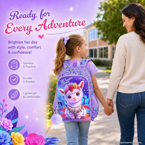 Image of AGSDON 3PCS Alpaca Kids Backpack, 16 inch Large Capacity Elementary Backpacks for Girls, Lightweight Toddler Schoolbag with Lunch Box