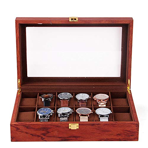 Eapmic Vintage Wooden Watch Box Display Organizer Rosewood Grain Jewelry Storage Case Chest with Glass Top Holds (12 Slots)