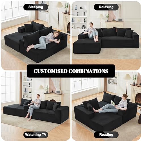 110” Cloud Sectional Couch, Boneless Sofa for Living Room, Modular Sectional Sofa with Deep Seat, Comfy Fluffy Couch with L-Shaped Chaise, No Assembly Required (Left-Facing Chaise, Black)