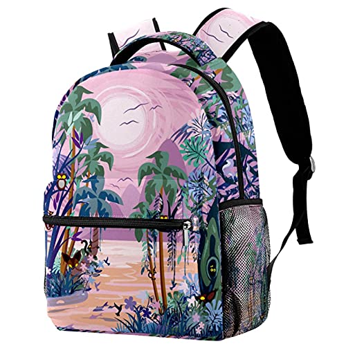 Sac à dos violet motif forêt brumeuse avec porte-bouteille pour le campus