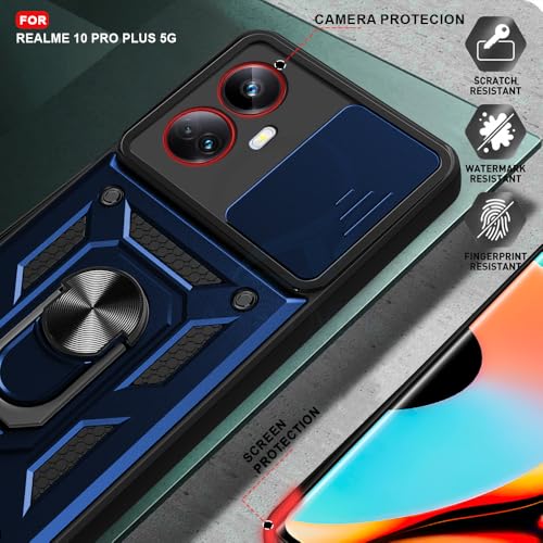 Image of AESTMO Tough Armor Realme 10 Pro Plus 5G Bumper Back Case Cover | Ring Holder & Sliding Camera Shield Cover | 360 Degree Protection Back Case Cover for Realme 10 Pro Plus 5G (Blue)