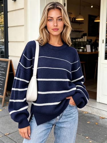 Image of Womens Sweaters Fall Fashion 2026 Color Block Oversized Pullover Knit Tops