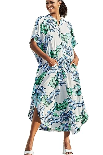 YouKD Vestido largo de verano para mujer, estilo bohemio, kimono, camisero, talla grande, albornoz de playa, envoltorios de playa, talla única, A Hojas, Talla única