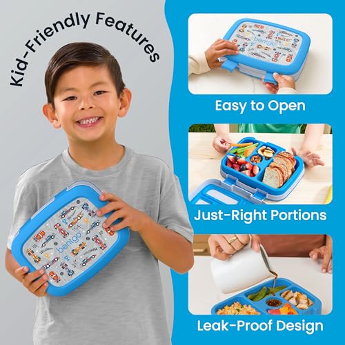 Image of Bentgo Kids Prints Leak-Proof, 5-Compartment Bento-Style Kids Lunch Box - Ideal Portion Sizes for Ages 3-7, Durable, Drop-Proof, Dishwasher Safe, PFAS- & BPA-Free Materials (NEW Race Cars)