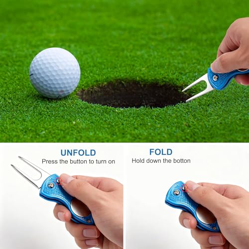 3 Stück Golf Pitchgabel Set - Robuste Edelstahl Faltbare Pitchgabel Golf in Schwarz Rot Blau,Tragbares Golf Reparaturwerkzeug für Green, Divot, Golfplatz, Ballmarkierung, Zubehör Geschenk für Golfer