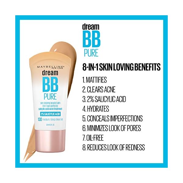 Maybelline Dream Pure Skin Clearing BB Cream, 8-in-1 Skin Perfecting Beauty Balm With 2% Salicylic Acid, Sheer Tint Coverage, Oil-Free, Light/Medium, 1 Count