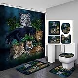 Fashion_Man 4PCS Black Panther Leopard Cheetah Tiger Lion Shower Curtain Sets with Rugs, Wildlife African Jungle Animals Zoo Animals Wild Safari Animal Bathroom Decor, Non-Slip Bath Mat Bathroom Rugs