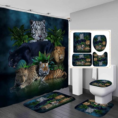 Fashion_Man 4PCS Black Panther Leopard Cheetah Tiger Lion Shower Curtain Sets with Rugs, Wildlife African Jungle Animals Zoo Animals Wild Safari Animal Bathroom Decor, Non-Slip Bath Mat Bathroom Rugs