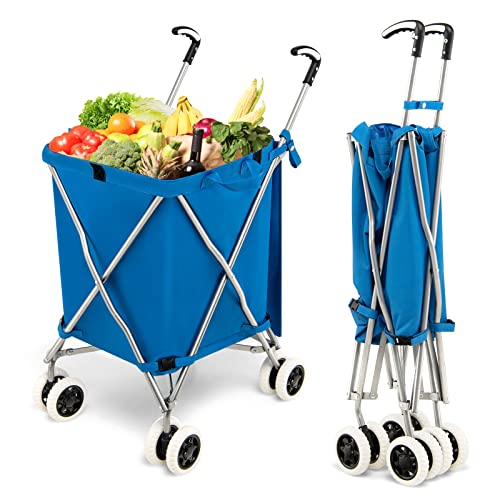 TANGZON 90L 8-Wheel Folding Shopping Trolley, Extra Large Lightweight Shopping Cart with Easy-Grip Handles, Steel Frame Push/Pull Utility Carts for Mobility (Blue)