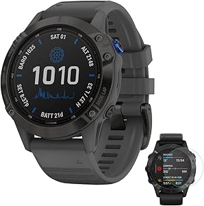 Garmin 010-02410-10 Fenix 6 Pro Solar Multisport GPS Smartwatch Black with Slate Gray Band Bundle with Fenix 6 Screen Protector