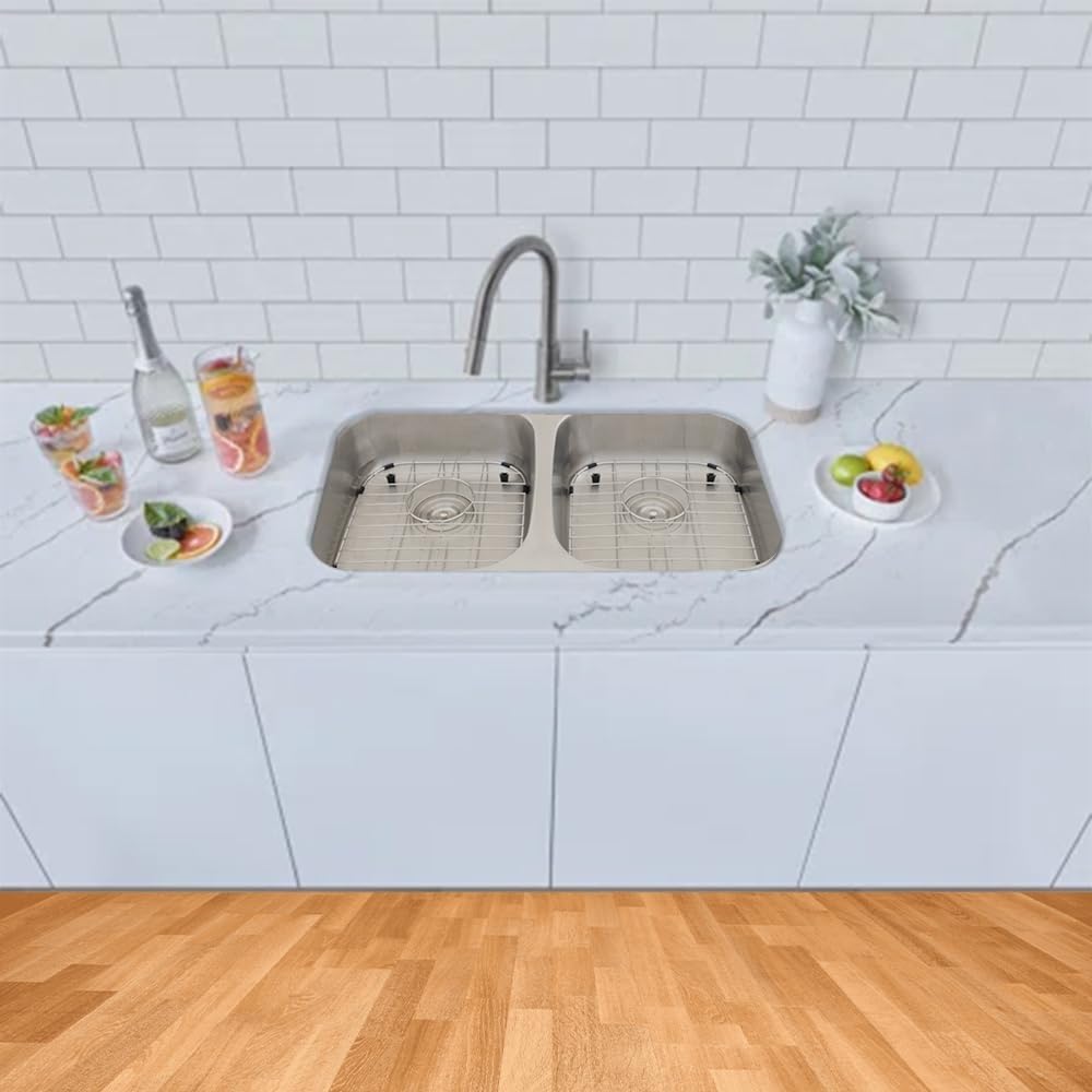 Strictly Sinks 32-5/16 Inch ADA Compliant Undermount Kitchen Sink-50/50 Double Bowl Kitchen Sink-18 Gauge ADA Stainless Steel Sink with 2 Strainer Drains, 1 Disposal Flange,Roll Up Dish Drying Rack