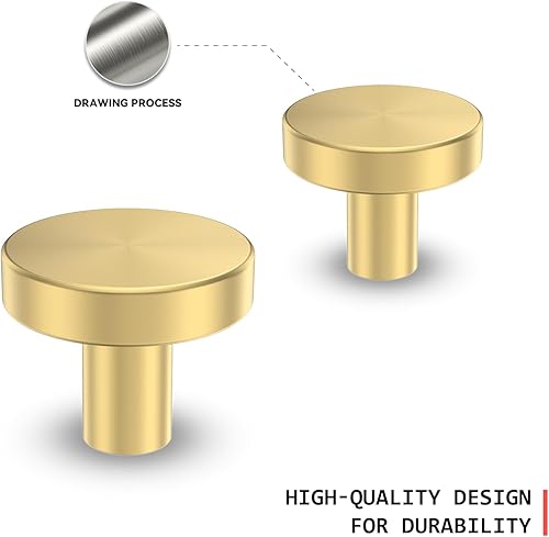 Miniatura 5 de homdiy Paquete de 30 pomos dorados redondos de latón cepillado para gabinetes de cocina, pomos de metal para aparador, manijas de gabinete para