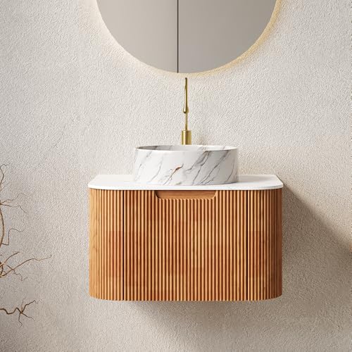 24'' Bathroom Vanities Cabinet with Sink Combo, Wall Mounted Floating Cabinet W/Curved Edges Stripes, Oak Plywood, Soft-close System with a Drawer, White Round Ceramic Basin - Kiel, Natural Wood/S