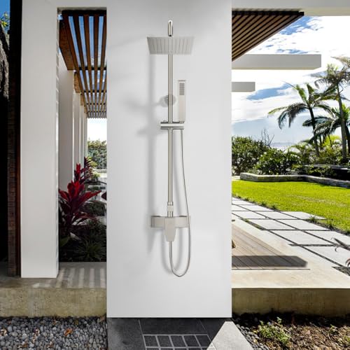 Kit de ducha exterior Brushed Nickel con grifería de una sola manija, montaje en pared, alta presión, sistema con ducha de 8 pulgadas y rociador manual combinado miniatura 3