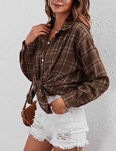 Image of HangNiFang Womens Flannel Plaid Shirts Oversized Button Shirts Blouse Tops