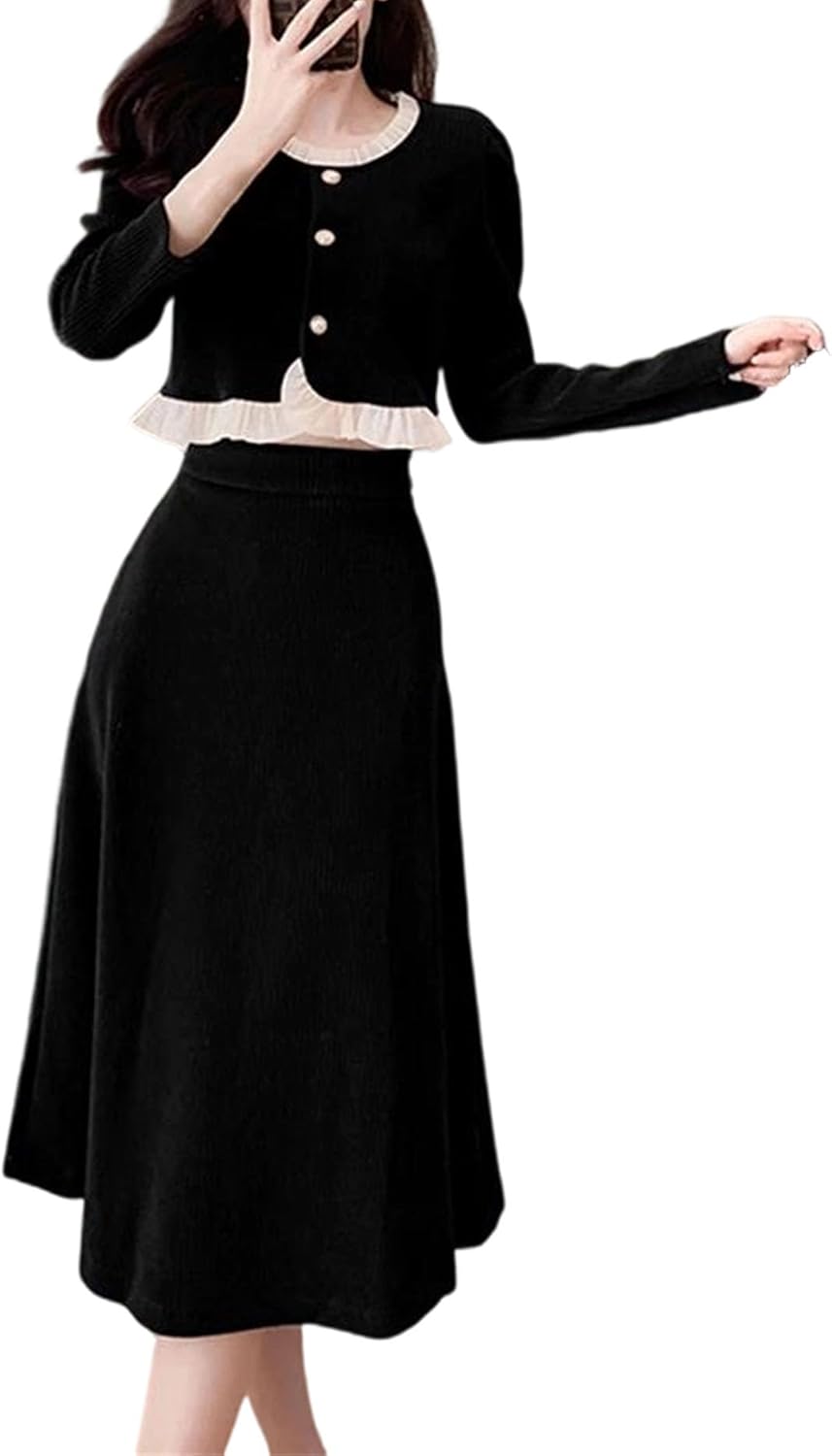 Women's O Neck Full Sleeve Single Breasted Ruffles Short Top High Waist Zipper Fly Mid Calf A Line Skirt Two Piece Suit