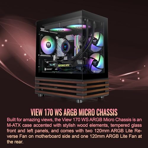 Image of Thermaltake View 170 WS ARGB; Micro Chassis; Bottom Wood Trim; 3x120mm ARGB Lite Fans Included; 340mm GPU Clearance; 160mm Air Cooler Max Height; mATX /mITX; Black; CA-1Z4-00M1WN-WS