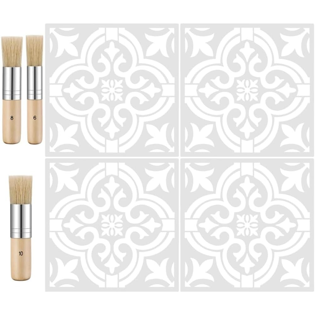 Jnchdghwa As Shown Tile Stencil Brush Set Of 7,With Wooden Stencil And 3 Bristle Brushes For Floor, Wall, Cabinet, Home Decor