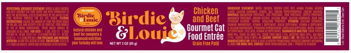 Birdie & Louie Wet Cat Food Chicken and Beef Pate 3oz (36 Cans)