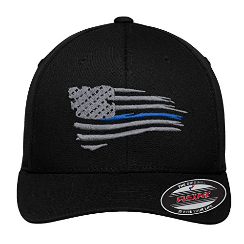 New American Thin Blue Line Waving Flag Flexfit # 5001 Black Hat! (Small Medium)