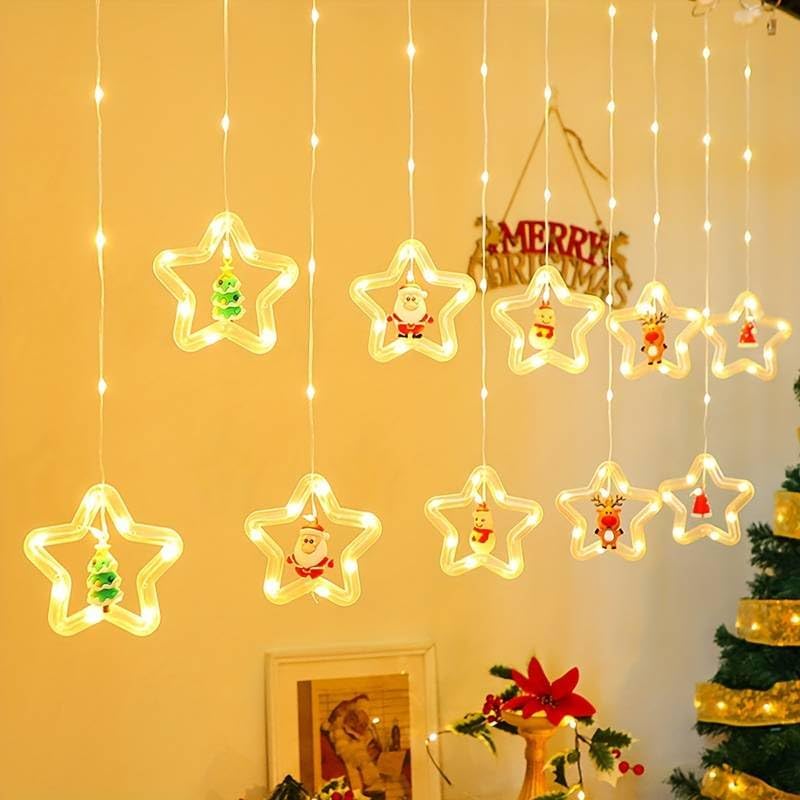 Image of Desidiya 10 Star Shape Christmas Window Curtain String Hanging Lights for Christmas Decoration for Christmas Home Bedroom Decor (Warm - White)